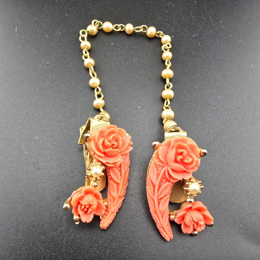 Vintage Celluloid Pink Rose Sweater Clips Gold Tone Spring Easter